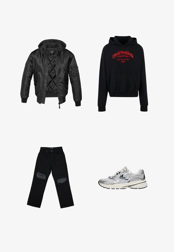 Sort bomberjakke med hætte, lavet af skinnende nylon, med quilted for, ribbede manchetter og en lynlåslomme på ærmet.; Sort hoodie lavet af bomuldsblanding, med en frontlomme, ribbede manchetter og et rødt grafisk tekstdesign på brystet.; Sorte denimjeans med afslappet pasform, der har to slidte pletter på knæene. Stoffet har en glat tekstur og minimal falmning.; Let løbesko i gråt og sølvnet, med en polstret sål og sorte gummidetaljer. Har snørelukning og åndbare paneler.