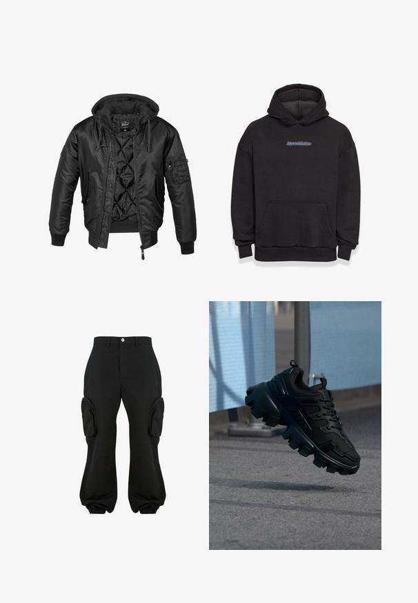 Sort bomberjakke med hætte, lavet af skinnende nylon, med quilted for, ribbede manchetter og en lynlåslomme på ærmet.; Sort hætte sweatshirt lavet af en blanding af bomuldsstof. Har en frontlomme og et logo i blå og rød. Ribbekanter ved håndleddene og kanten.; Sorte cargobukser med en afslappet pasform, der har to sidelommer, elastiske manchetter ved anklerne og en knaplukning i taljen.; Sort chunky sneaker med tyk slidbane sål, der svæver over en grå fortov mod en sløret lyseblå og grå baggrund.