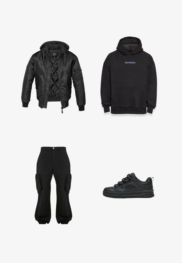Sort bomberjakke med hætte, lavet af skinnende nylon, med quilted for, ribbede manchetter og en lynlåslomme på ærmet.; Sort hætte sweatshirt lavet af en blanding af bomuldsstof. Har en frontlomme og et logo i blå og rød. Ribbekanter ved håndleddene og kanten.; Sorte cargobukser med en afslappet pasform, der har to sidelommer, elastiske manchetter ved anklerne og en knaplukning i taljen.; Sort lavtop sneaker med tyk sål, polstret krave, mesh paneler og chunky snørebånd vist mod en hvid baggrund.
