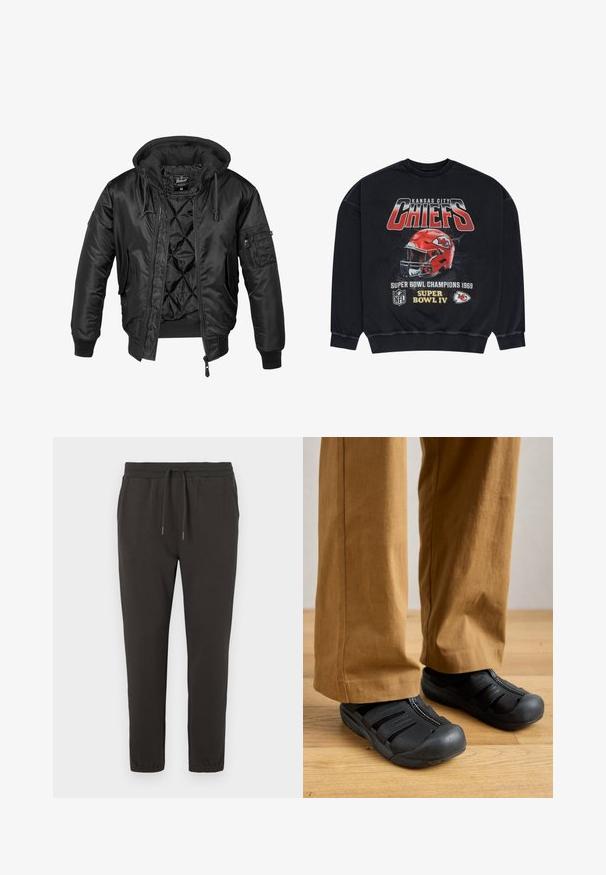 Sort bomberjakke med hætte, lavet af skinnende nylon, med quilted for, ribbede manchetter og en lynlåslomme på ærmet.; Sort sweatshirt med rød Kansas City Chiefs hjelm grafik, tekst "Chiefs" og "Super Bowl Champions 1969 Super Bowl IV" logoer.; Mørkegrå sweatpants lavet af blødt stof, med en elastisk talje med snøre, tætsiddende ben og elastiske manchetter ved anklerne.; Sorte slip-on sko med gummisål, med lynlåslukning og udskårne designs, parret med brune bredbenede bukser på et trægulv.