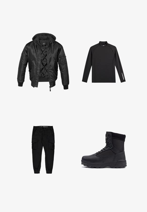 Veste bomber noire avec capuche, en nylon brillant, dotée d'une doublure matelassée, de poignets côtelés et d'une poche zippée sur la manche.; Haut de sport noir à manches longues avec col montant, coupe ajustée, et logo blanc "J.Lindeberg" sur la manche gauche et le col.; Pantalons cargo noirs en tissu léger, dotés d'une taille élastique, d'un cordon de serrage et de plusieurs poches latérales avec des poignets fuselés.; Botte tactique noire avec une tige en cuir lisse et des panneaux en tissu, design montante, fermeture à lacets à l'avant et semelle en caoutchouc robuste.