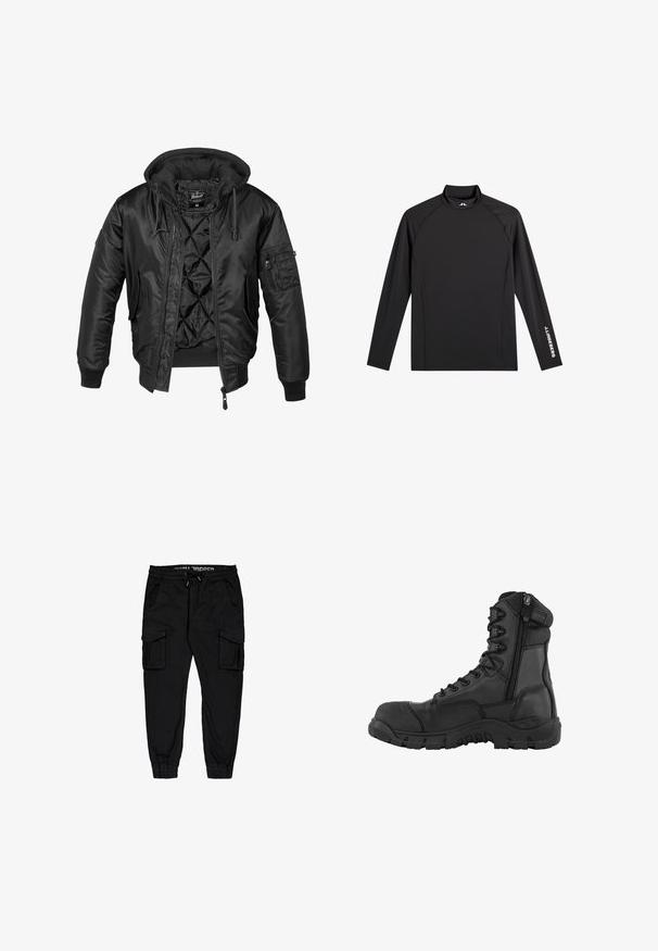 Zwarte bomberjack met capuchon, gemaakt van glanzend nylon, voorzien van een gewatteerde voering, geribbelde manchetten en een ritszak op de mouw.; Zwart sporttopje met lange mouwen, opstaande kraag, slim fit en witte "J.Lindeberg"-logo op linkerarm en kraag.; Zwarte cargo-broeken van lichtgewicht stof, met een elastische tailleband, trekkoord en meerdere zijzakken met taps toelopende broekspijpen.; Zwarte tactische laars met een hoge enkeldesign, leren bovenkant, voorbescherming met veters, zijrits, versterkte neus en robuuste rubberen zool.