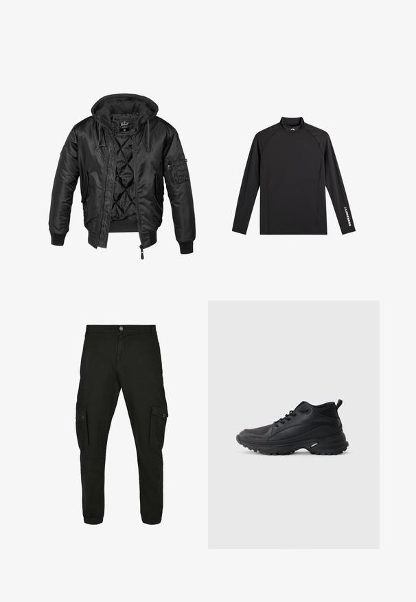 Zwarte bomberjack met capuchon, gemaakt van glanzend nylon, voorzien van een gewatteerde voering, geribbelde manchetten en een ritszak op de mouw.; Zwart sporttopje met lange mouwen, opstaande kraag, slim fit en witte "J.Lindeberg"-logo op linkerarm en kraag.; Zwarte cargobroek van katoenmix, met zijzakken, een knoopsluiting aan de voorkant en taps toelopende onderlucht.; Zwarte sportschoenen gemaakt van synthetisch materiaal. Voorzien van een gevoerde kraag, ronde neus, stevige buitenzool met grip en merkembleem.