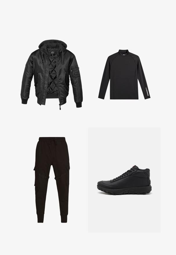 Sort bomberjakke med hætte, lavet af skinnende nylon, med quilted for, ribbede manchetter og en lynlåslomme på ærmet.; Sort atletisk top med lange ærmer, høj hals, tætsiddende pasform og hvidt "J.Lindeberg" logo på venstre ærme og krave.; Sort cargo-bukser med snøre i taljen, sidelommer og strukturerede detaljer på cargo-lommerne og stropperne. Tætsiddende manchetter ved anklerne.; Sorte høje sneakers lavet af struktureret læder, med en tyk gummisål med trækmønstre og snørefunktion. Rød detalje på tungen.