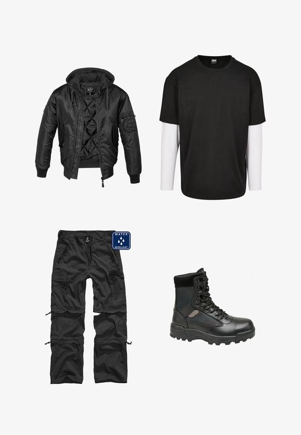 Sort bomberjakke med hætte, lavet af skinnende nylon, med quilted for, ribbede manchetter og en lynlåslomme på ærmet.; Sort kortærmet t-shirt med et hvidt langærmet lag under. Lavet af bomuld med rund halsudskæring og afslappet pasform.; Sorte vandafvisende cargo bukser med lynlåslommer, justerbare manchetter og et holdbart materiale. Har et logo på taljen.; Sort militærstil støvle med læderoverdel, stofpaneler, snørebånd foran og robust gummisål for godt fodfæste. Forstærket tå og ankelsupport.