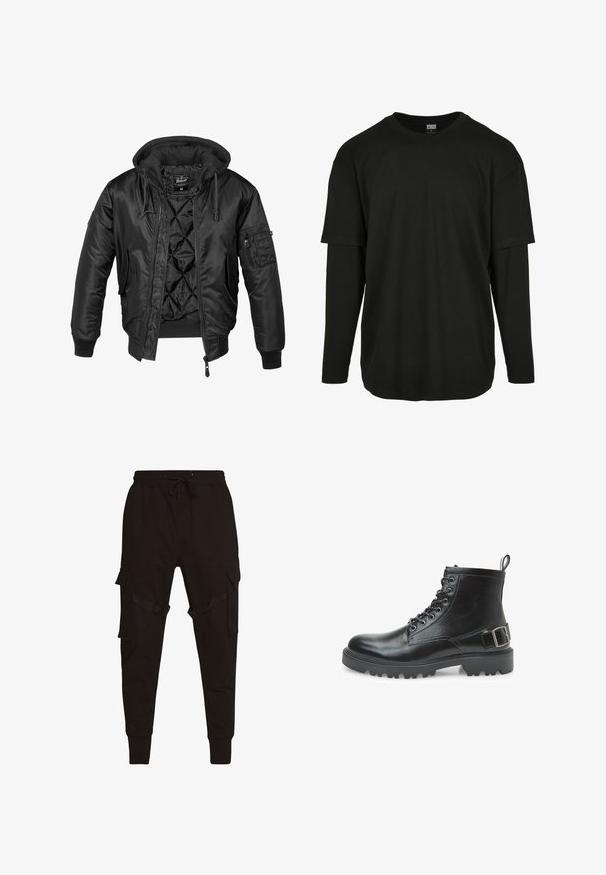 Zwarte bomberjack met capuchon, gemaakt van glanzend nylon, voorzien van een gewatteerde voering, geribbelde manchetten en een ritszak op de mouw.; Urban Classics OVERSIZED SHAPED DOUBLE LAYER LS TEE - Longsleeve - black/black; Zwarte cargobroek met een trekkoord in de taille, zijzakken en textuuraccenten op de cargozakken en riemen. Strakke boorden bij de enkels.; Zwarte leren combatboot met veters, metalen oogjes, robuuste zool, trekband aan de hiel en een decoratieve gesp op de zijkant.