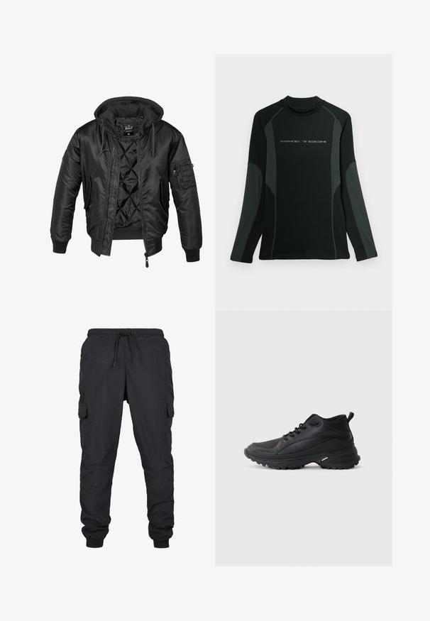 Sort bomberjakke med hætte, lavet af skinnende nylon, med quilted for, ribbede manchetter og en lynlåslomme på ærmet.; Sort langærmet skjorte med høj krave, lavet af tekstureret stof. Har grå sidepaneler og "NIKE TECH" logo over brystet.; Sorte cargo bukser med elastisk talje og snoretræk, med sidelommer og manchetter. Lavet af let og holdbart stof.; Sorte atletikskøjter lavet af syntetisk materiale. Har en polstret krave, rund tå, robust ydersål med godt greb og detaljer med mærkelogo.
