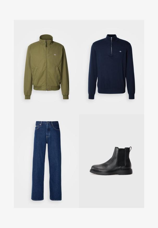 GANT HAMPSHIRE JACKET - Chaqueta fina - moss green; Suéter de terciopelo azul marino con cuello de media cremallera, textura suave de punto, mangas largas y un pequeño logo en el lado izquierdo del pecho.; Vaqueros de mezclilla azul oscuro con un diseño de pierna ancha, que presentan un cierre de botón y el clásico estilo de cinco bolsillos. La tela tiene una textura suave.; Botas Chelsea de cuero negro con acabado texturizado, paneles laterales elásticos y una suela de goma resistente. Marca sutil en el talón.