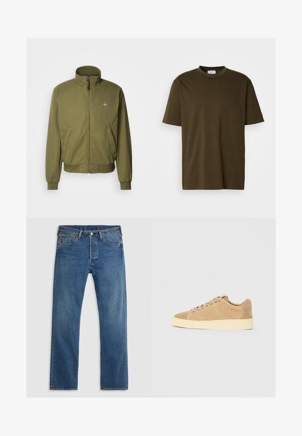 GANT HAMPSHIRE JACKET - Chaqueta fina - moss green; Camiseta de cuello redondo de manga corta en un tono verde oliva liso, con una etiqueta de marca blanca visible en el cuello, presentada sobre un fondo blanco.; Vaqueros de mezclilla azul de pierna recta con cinco bolsillos, presillas para el cinturón y un cierre frontal con botón y cremallera sobre un fondo liso.; Zapatillas color beige con textura tejida en la parte superior, detalles de ante, punta redondeada y suela de goma amarillenta.