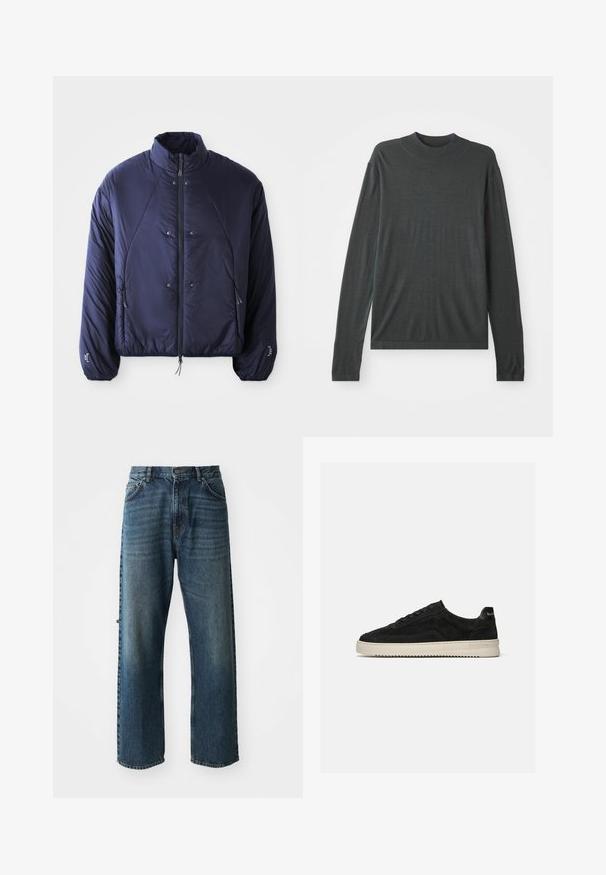 Marineblåt puffjakke med høj krave, lynlåslukning foran, sidelommer, elastiske manchetter og samlet kant for isolering og pasform.; Mørkegrå langærmet strikket sweater med høj, ribbet krave. Blød tekstur, afslappet pasform og ingen synlige mønstre eller hardwaredetaljer.; NN.07 OTIS - Jeans Straight Leg - stonewashed; Sort ruskind lav-sneaker med sorte snørebånd og hvid gummisål, sidevisning på ensartet lys grå baggrund.