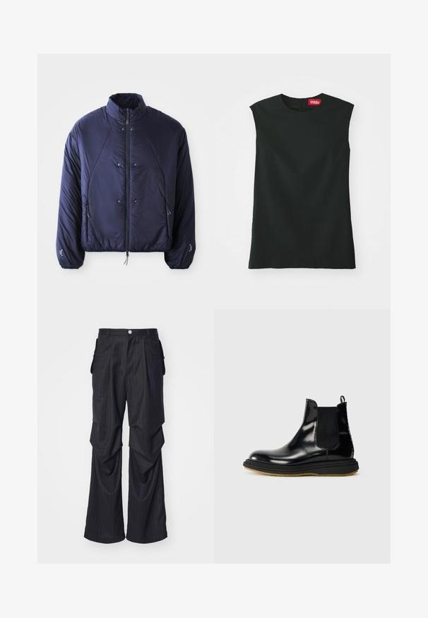 Marineblaue Pufferjacke mit hohem Kragen, Frontreißverschluss, Seitentaschen, elastischen Bündchen und gerafftem Saum für Isolierung und Passform.; Schwarzes, ärmelloses Oberteil mit rundem Ausschnitt, glattem Stoff und einem Reißverschluss im Rücken. Es hat ein kleines rotes Etikett mit dem "032c"-Logo am Hals.; Schwarze Nadelstreifen-Hosen mit weitem Bein, ausgestattet mit Falten, Seitentaschen und einem vorderen Knopfverschluss. Glatte Textur.; Schwarze Leder-Chelsea-Stiefel mit glänzender Oberfläche, elastischen Seitenpaneelen, Zuglasche und strukturierter Gummisohle.
