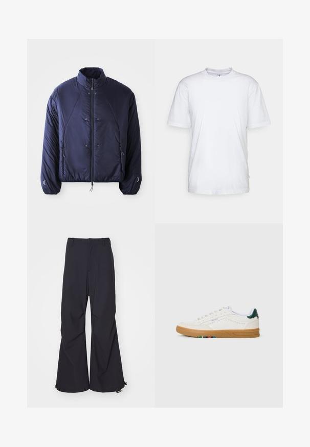 Marineblaue Pufferjacke mit hohem Kragen, Frontreißverschluss, Seitentaschen, elastischen Bündchen und gerafftem Saum für Isolierung und Passform.; Weißes Baumwoll-T-Shirt mit Rundhalsausschnitt, kurzen Ärmeln und geradem Saum. Auf der linken Seitennaht befindet sich ein kleines Markenzeichen.; Marineblaue Schlaghosen aus einem glatten Stoff, mit zwei Vorderaschen und Zugband-Akzenten am Saum. Sauberes, maßgeschneidertes Design ohne Verzierungen.; Weiße Leder-Sneaker mit Perforationsdesign, Gummisohle, grünem Fersenakzent und buntem Streifenmuster an der Seite.