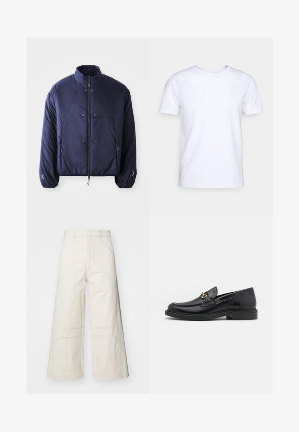 Marineblaue Pufferjacke mit hohem Kragen, Frontreißverschluss, Seitentaschen, elastischen Bündchen und gerafftem Saum für Isolierung und Passform.; Weißes T-Shirt mit kurzen Ärmeln aus Baumwollstoff und rundem Halsausschnitt. Schlichtes Design ohne Muster oder Akzente. Glatte Textur.; A-COLD-WALL* FORMAT PANT - Stoffhose - beige bone; Schwarze Lederleter mit einer abgerundeten Zehenpartie, ausgestattet mit goldenen Hardwareakzenten und Stichdetails, auf einer niedrigen, strukturierten Gummisohle.