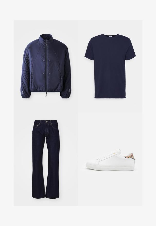 Marineblaue Pufferjacke mit hohem Kragen, Frontreißverschluss, Seitentaschen, elastischen Bündchen und gerafftem Saum für Isolierung und Passform.; Marineblaues T-Shirt mit kurzen Ärmeln aus weichem Stoff. Es hat einen Rundhalsausschnitt und einen geraden Schnitt ohne Muster oder Akzente.; Dunkelblaue Denim-Jeans mit Schlag und hohem Bund, mit kontrastierenden gelben Nähten und Metallbeschlägen an Bund und Taschen.; Weiße Ledersneaker mit glatter Oberfläche, ausgestattet mit einem bunten gestreiften Akzent an der Ferse, goldener Öse und flacher weißer Sole.