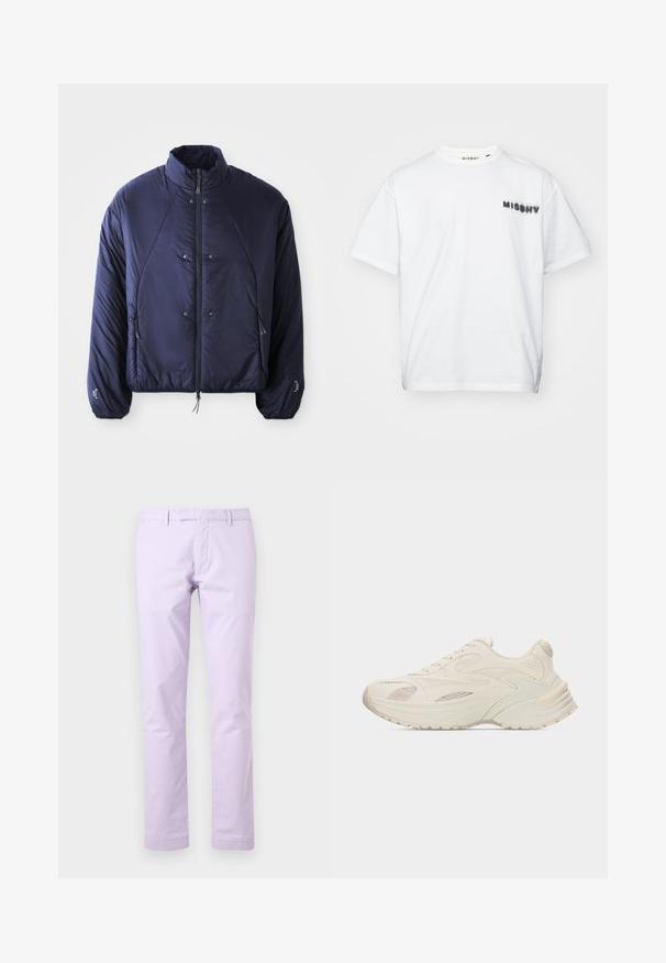 Chaqueta de plumas azul marino con un cuello alto, cierre frontal con cremallera, bolsillos laterales, puños elásticos y dobladillo fruncido para mayor aislamiento y ajuste.; MISBHV COMMUNITY - Camiseta estampada - white; Pantalones rectos para hombre en color lila claro con trabillas para cinturón, cremallera frontal y bolsillos laterales, mostrados extendidos sobre un fondo blanco.; Zapatilla deportiva color crema con paneles superpuestos de cuero y malla, suela gruesa con dibujo antideslizante y cierre de cordones.
