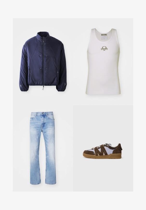 Marine pufferjack met een hoge kraag, voorste ritsopening, zijzakken, elastische manchetten en een gegatherde zoom voor isolatie en pasvorm.; Witte geribde tanktop met een gouden geborduurd logo met decoratieve accenten, ronde halslijn en zonder mouwen.; Lichtblauwe denim jeans met een recht model, voorzien van een klassieke vijf-pocketstijl en een subtiele vervaagde print.; Sneakers met een bruine suède bovenkant, beige gaaspanelen en een gomrubberen zool. Kenmerkend zigzagontwerp aan de zijkanten. Vetersluiting.
