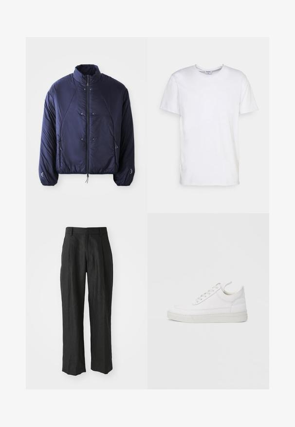 Marineblaue Pufferjacke mit hohem Kragen, Frontreißverschluss, Seitentaschen, elastischen Bündchen und gerafftem Saum für Isolierung und Passform.; Weißes T-Shirt mit kurzen Ärmeln aus Baumwolle. Es hat einen runden Halsausschnitt und eine lockere Passform ohne sichtbare Muster oder Akzente.; Schwarze Leinenhosen im gerade geschnittenen Design, mit markanten Falten an der Vorderseite und einer glatten Textur.; Weißer Ledersneaker mit abgerundetem Zehenbereich, flacher Sohle und Schnürverschluss. Verfügt über Nahtdetails und einen gepolsterten Kragen für zusätzlichen Komfort.