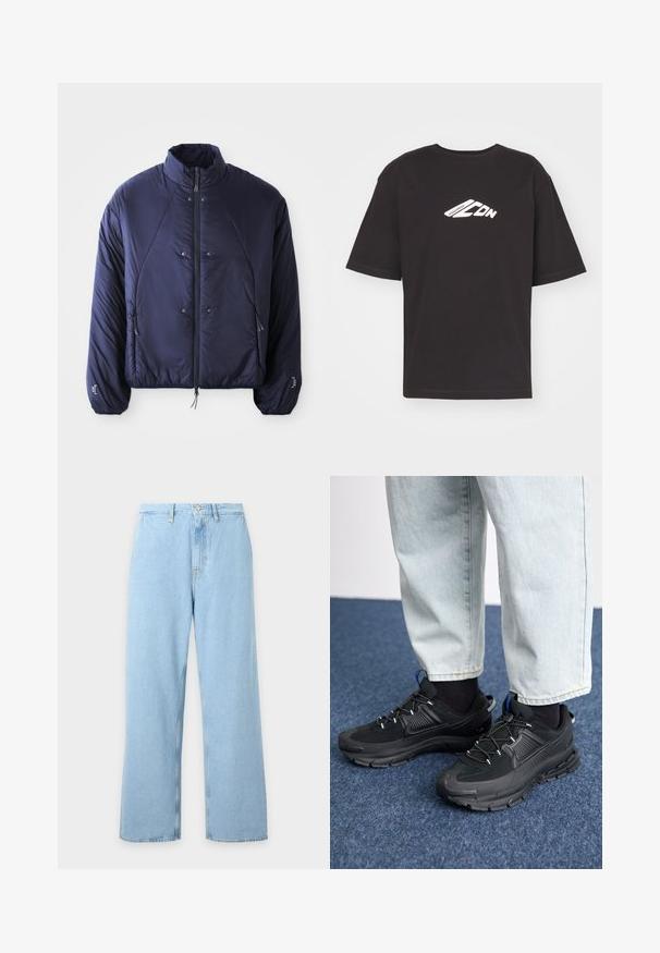Marine pufferjack met een hoge kraag, voorste ritsopening, zijzakken, elastische manchetten en een gegatherde zoom voor isolatie en pasvorm.; Zwart T-shirt met korte mouwen van katoen, voorzien van een wit grafisch logo op de voorkant, ronde halslijn en rechte onderkant.; Lichtblauwe jeans met hoge taille en wijde pijpen, voorzien van riemlussen, knoopsluiting aan de voorkant en ritssluiting, getoond op een effen lichte achtergrond.; Zwarte sportschoenen met gestructureerde stof en rubberen zolen, met elastische veters en een blauwe accent op de hiel. Draag samen met lichte spijkerbroeken.