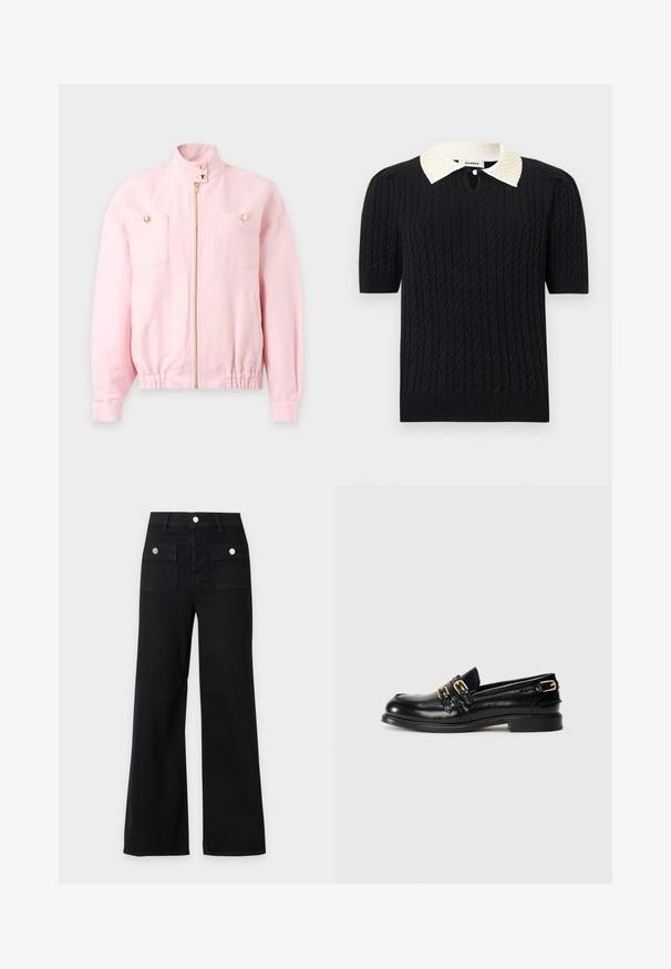 Ανοιχτοροζ μπουφάν με φερμουάρ μπροστά, κολάρο με κουμπί, δύο τσέπες στο στήθος με χρυσά κουμπιά και ελαστική μέση.; Μαύρο πλεκτό τοπ με κοντά μανίκια και σχέδιο κοτσίδας, με λευκό μυτερό γιακά στολισμένο με πέρλες και μικρό άνοιγμα μπροστά με κουμπί.; Μαύρο παντελόνι με φαρδιές ποδιές και ψηλή μέση, δύο μπροστινές τσέπες με πλαϊνό καπάκι και ασημένια κουμπιά, θηλιές για ζώνη και κλείσιμο με κουμπί μπροστά.; Μαύρες δερμάτινες λαστιχένιες παπούτσια με γυαλιστερή φινίρισμα, με δύο χρυσά αγκράφες και χαμηλό τακούνι. Λείο υλικό με στρογγυλή σχεδίαση στη μύτη.