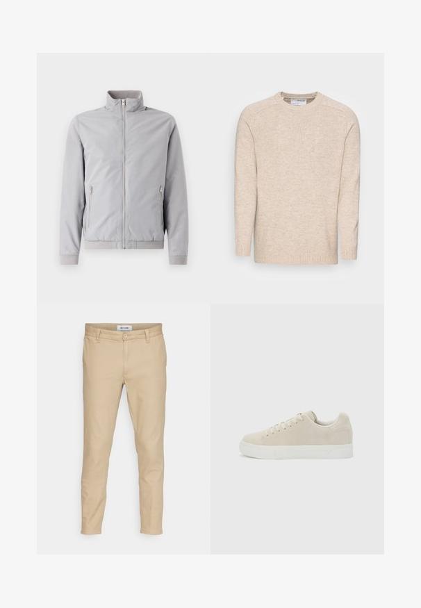 Veste gris clair avec col montant, fermeture éclair et deux poches latérales zippées. Dotée de poignets et d'un ourlet côtelés, texture lisse.; Pull en tricot beige clair à col rond, à manches longues et avec des poignets côtelés ; présente un tissu texturé et un design simple.; Pantalons beiges en tissu à mélange de coton. Équipés d'une fermeture à bouton, de poches avant et d'une coupe slim avec une texture lisse.; Baskets basses beige à lacets avec semelle épaisse en caoutchouc blanc sur un fond uni gris clair.