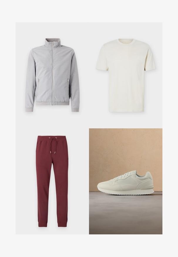 Veste gris clair avec col montant, fermeture éclair et deux poches latérales zippées. Dotée de poignets et d'un ourlet côtelés, texture lisse.; T-shirt à manches courtes couleur blanc cassé uni avec col rond et logo discret sur le côté gauche de la poitrine, présenté sur un fond blanc uni.; Pantalon de jogging bordeaux en tissu doux, avec taille à cordon, poches latérales, jambes fuselées et poignets élastiques.; Baskets de couleur crème avec un design à lacets, une semelle épaisse et une semelle extérieure texturée, flottant au-dessus d'un tapis beige et d'un canapé en arrière-plan.