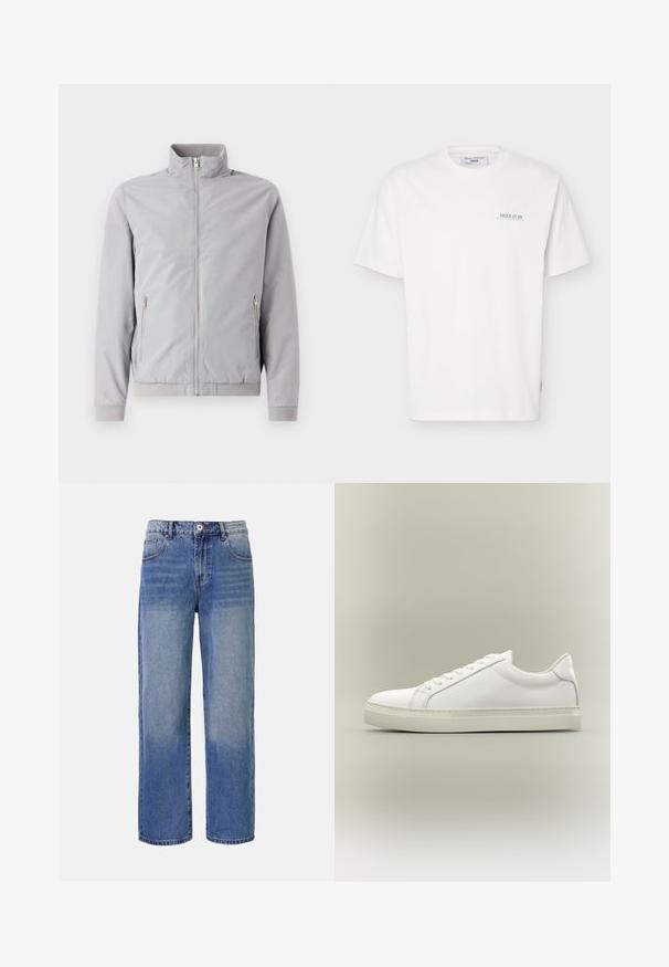 Veste gris clair avec col montant, fermeture éclair et deux poches latérales zippées. Dotée de poignets et d'un ourlet côtelés, texture lisse.; T-shirt blanc à manches courtes avec col rond, avec un petit texte vert "JUICE IT UP Marc O'Polo Denim" sur la partie gauche de la poitrine.; Jeans en denim bleu clair à jambes larges avec un motif délavé, cinq poches et une fermeture à glissière. Comprend un bouton et des passants de ceinture à la taille.; Baskets blanches basses à lacets sur l’avant et semelle épaisse, vues de côté sur un fond neutre.