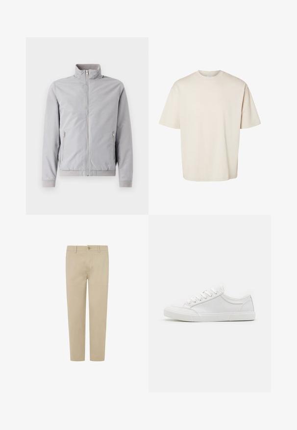 Lysegrå jakke med opretstående krave, lynlås lukning og to sidelommer med lynlås. Har ribbede manchetter og kant, glat tekstur.; Simpel beige kortærmet oversize bomuld t-shirt med rund halsudskæring, vist fladt på hvid baggrund.; Beige chinos med Slim Fit, lavet af blødt stof. Har en frontknaplukning, bæltestropper og lige ben.; Hvide sneakers med en glat læderoverdel, rund tå, flad gummisål og seks øjestik til snørebånd. Subtile syninger og minimalistisk design.