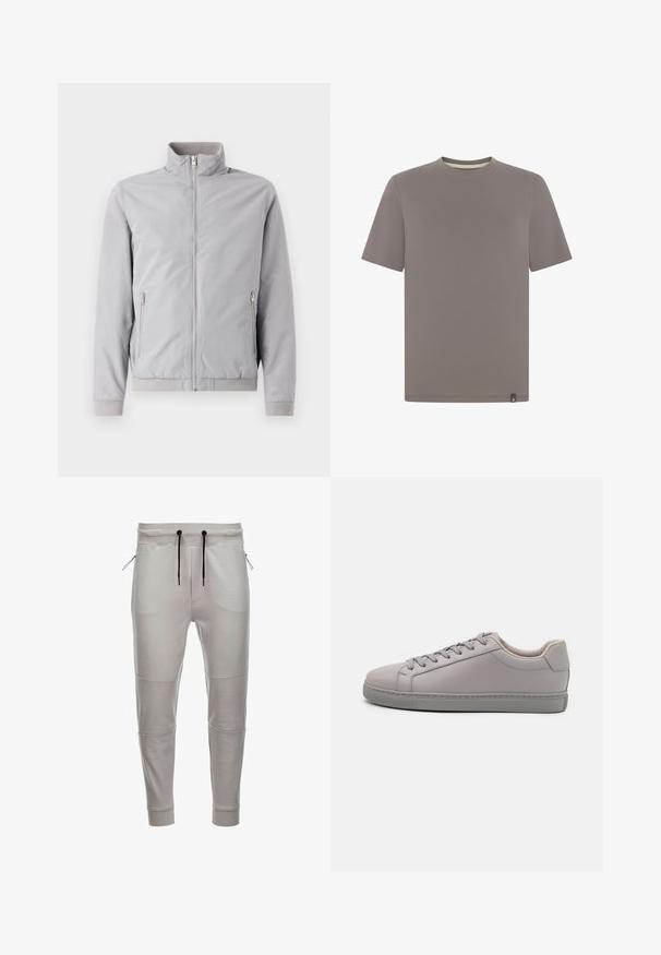 Veste gris clair avec col montant, fermeture éclair et deux poches latérales zippées. Dotée de poignets et d'un ourlet côtelés, texture lisse.; T-shirt uni à manches courtes avec col rond, de couleur taupe unie, avec une petite étiquette noire et blanche en bas de l'ourlet.; Pantalons jogger gris clair en tissu doux avec une taille élastique, cordons de serrage noirs, poches latérales zippées et poignets côtelés aux chevilles.; Baskets en cuir gris avec une finition lisse, lacets plats, bout arrondi et semelle en caoutchouc gris contrastante. Design et texture minimalistes.