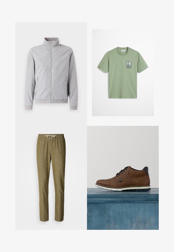 Lysegrå jakke med opretstående krave, lynlås lukning og to sidelommer med lynlås. Har ribbede manchetter og kant, glat tekstur.; Lysegrøn kortærmet t-shirt med en lille sort-hvid grafik af et vindue og teksten "MOPD SPORTS CLUB" på venstre bryst.; Khakibukser i et blødt, tekstureret stof med snøre i taljen og tilspidsede ben med en enkelt forlommel.; Brune lædersko med en struktureret overdel, med marineblå snørebånd og en hvid gummisål. Cap-toe-design med en brun accent nær snørebåndene.