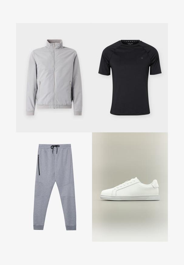 Lysegrå jakke med opretstående krave, lynlås lukning og to sidelommer med lynlås. Har ribbede manchetter og kant, glat tekstur.; Sort sport T-shirt med korte ærmer og rund halsudskæring med lille logo på venstre bryst, vist på ensartet lyst baggrund.; Grå sweatpants lavet af blødt stof med snor i taljen, tætsiddende ben og en sidelomme med lynlås til sikker opbevaring.; Lavtop hvid sneaker med snørelukning foran og tekstureret gummisål mod en ensartet neutral baggrund.