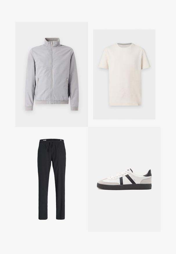 Veste gris clair avec col montant, fermeture éclair et deux poches latérales zippées. Dotée de poignets et d'un ourlet côtelés, texture lisse.; T-shirt en coton texturé blanc cassé à manches courtes, col rond et logo subtil sur la poitrine gauche, présenté sur fond gris.; Pantalon décontracté noir avec taille élastique et cordon de serrage, coupe droite, en tissu doux, présenté sur fond blanc.; Baskets blanches avec des accents noirs et gris, présentant un embout texturé gris, une semelle en caoutchouc noir et des lacets plats blancs. Design épuré, style minimaliste.