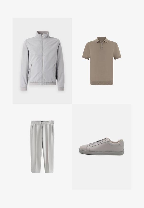 Lysegrå jakke med opretstående krave, lynlås lukning og to sidelommer med lynlås. Har ribbede manchetter og kant, glat tekstur.; Polo-shirt i taupe med en struktureret finish, korte ærmer og en krave. Har treknaps-lukning og ribbede manchetter.; Lys grå sweatpants lavet af glat stof, med elastisk talje og snor, samt to sidelommer.; Grå lædersneaker med en glat finish, flade snørebånd, rund tå og en kontrasterende grå gummisål. Minimalistisk design og tekstur.