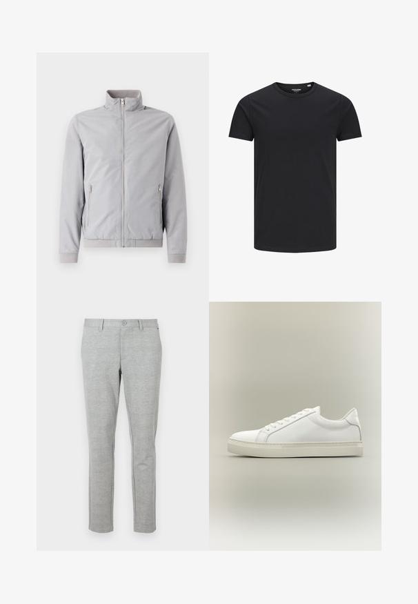Lysegrå jakke med opretstående krave, lynlås lukning og to sidelommer med lynlås. Har ribbede manchetter og kant, glat tekstur.; Sort bomulds T-shirt med rund hals, korte ærmer og et enkelt design. Glat tekstur, ingen mønstre eller synligt tilbehør.; Grå, slim-fit bukser lavet af tekstureret stof. Har standard liv med knaplukning og sidelommer.; Hvid lavtop sneaker med snørebånd foran og tyk sål, vist fra siden mod en neutral baggrund.