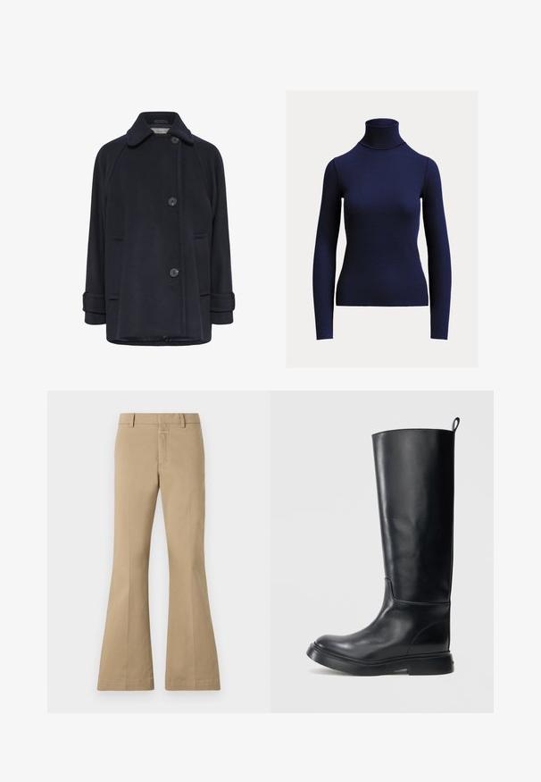 Mørkeblå uldfrakke med spredt krave, to knaplukninger, klappede sidelommer og rullede manchetter. Blød tekstur og afslappet pasform.; Navyblå ribstrikket langærmet polotrøje med tætsiddende silhuet på ensartet lys baggrund.; CLOSED FELISE - Bukser - urban beige; Høje sorte læderstøvler med en glat overflade, rundet tå og flad gummisål. Har en trækflap bagpå for nem påtagning.