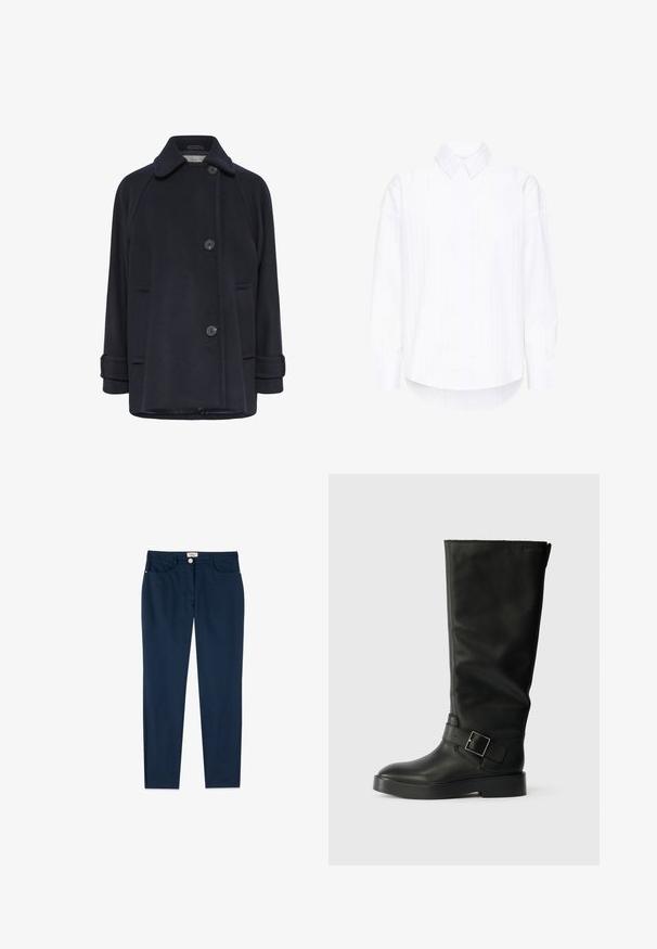 Marineblauer Wollmantel mit einem umgeschlagenen Kragen, zwei Knopfverschlüssen, seitlichen Taschen mit Klappen und umgeschlagenen Bündchen. Weiche Textur und lockere Passform.; Weißes Langarmhemd mit Button-Down-Kragen, vertikalen Nadelstreifen, geradem Saum und Gatherädern an den Ärmeln. Glatte Stoffoberfläche.; Navyblaue Slim-Fit-Hose mit Vordertaschen, Gürtelschlaufen und Knopfverschluss an der Taille.; Schwarze kniehohe Stiefel aus glattem Leder, mit runder Zehenpartie, dicker Sohle und einem horizontalen Riemen mit rechteckiger Schnalle.