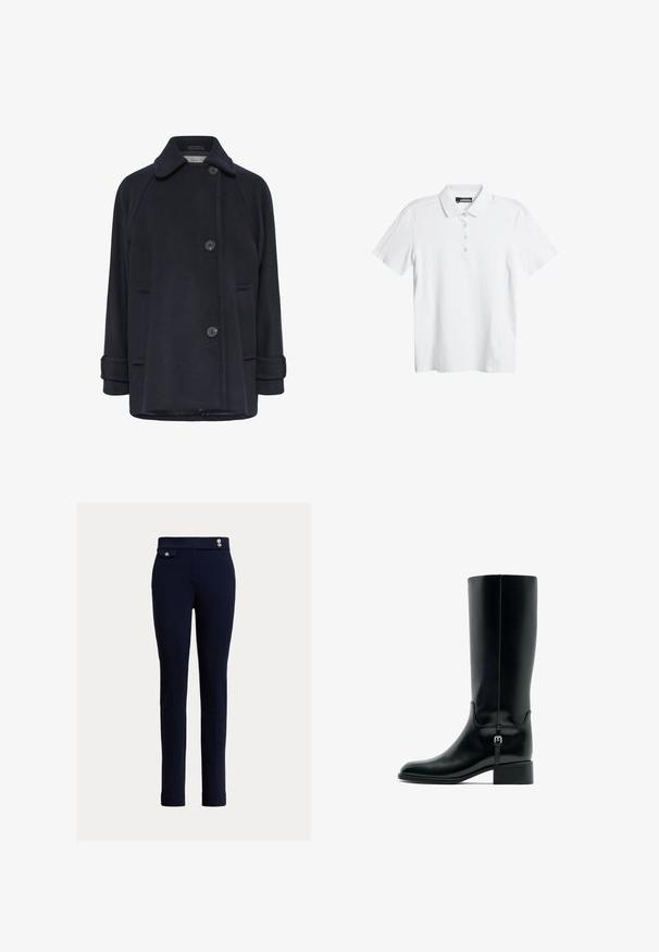 Marineblauer Wollmantel mit einem umgeschlagenen Kragen, zwei Knopfverschlüssen, seitlichen Taschen mit Klappen und umgeschlagenen Bündchen. Weiche Textur und lockere Passform.; Weißes Poloshirt mit subtilen Wellenmuster, kurzen Ärmeln und einer Drei-Knopf-Leiste. Hergestellt aus einem glatten, leichten Stoff.; Navy Slim-Fit-Hosen mit hoher Taille, vorderer Klappentasche mit Knopf und zwei dekorativen Knöpfen am Bund.; Schwarzer kniehoher Lederstiefel mit niedrigem Absatz und kleinem Schnallendetail an der Seite, im Profil vor weißem Hintergrund gezeigt.