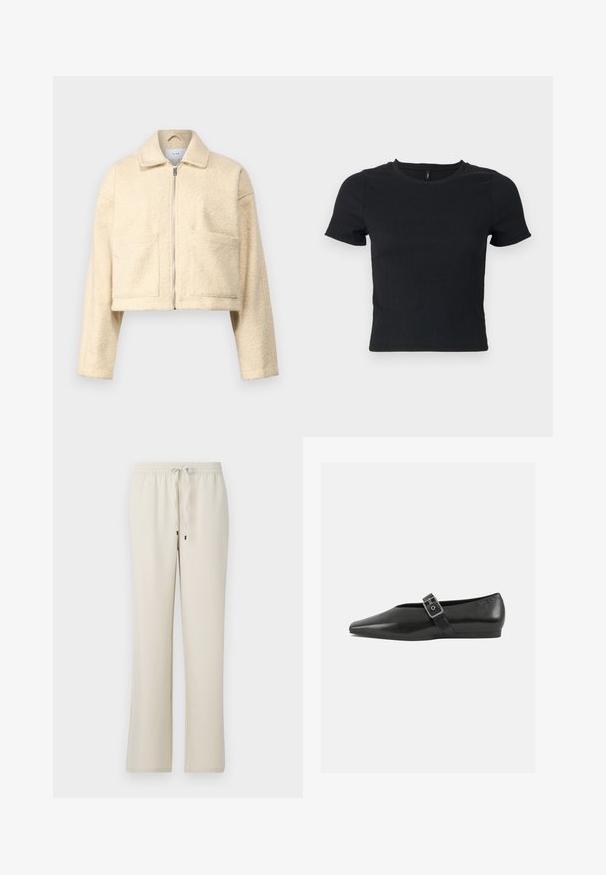 Veste créme coupée en matériau doux et texturé. Elle présente un col, une fermeture éclair devant et deux poches carrées sur la poitrine.; T-shirt noir à manches courtes avec un tissu texturé et un col rond. Coupe ajustée, motif discret, et longueur au niveau du ventre.; Pantalons beiges avec taille élastique et cordon de serrage. Design à jambes droites, fabriqués dans un matériau doux, présentant un style minimaliste sans motifs ni accents.; Chaussure plate en cuir noir avec un orteil pointu, présentant une sangle à boucle métallique sur le cou-de-pied et une semelle basse et flexible.