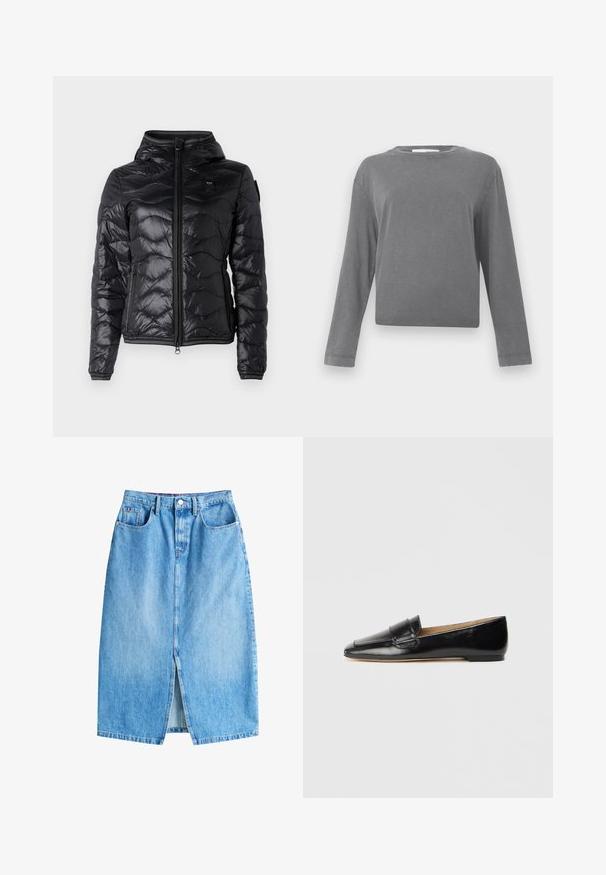 Blauer CAMELIA - Doudoune - nero; T-shirt gris unisexe à manches longues et col rond, avec une texture de tissu légèrement délavée, présenté sur un fond blanc.; Jupe en denim bleu clair avec une fente avant, cinq poches et une fermeture à bouton. Présente une coupe droite classique et un ourlet effiloché.; Mocassin noir en cuir avec une forme effilée, texture lisse et une sangle décorative à travers le dessus. Semelle plate sans matériel visible.