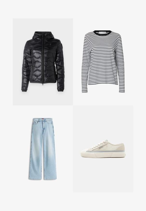 Blauer CAMELIA - Doudoune - nero; Chemise blanche à manches longues avec des rayures horizontales noires et un col rond noir, présentée sur un fond blanc uni.; Jean en denim bleu clair à jambes larges avec poches avant, passants de ceinture et fermeture par bouton à la taille.; Basket beige basse avec semelle en caoutchouc blanche, dessus en mesh, fermeture à lacets et détail d'une bande grise sur le côté.