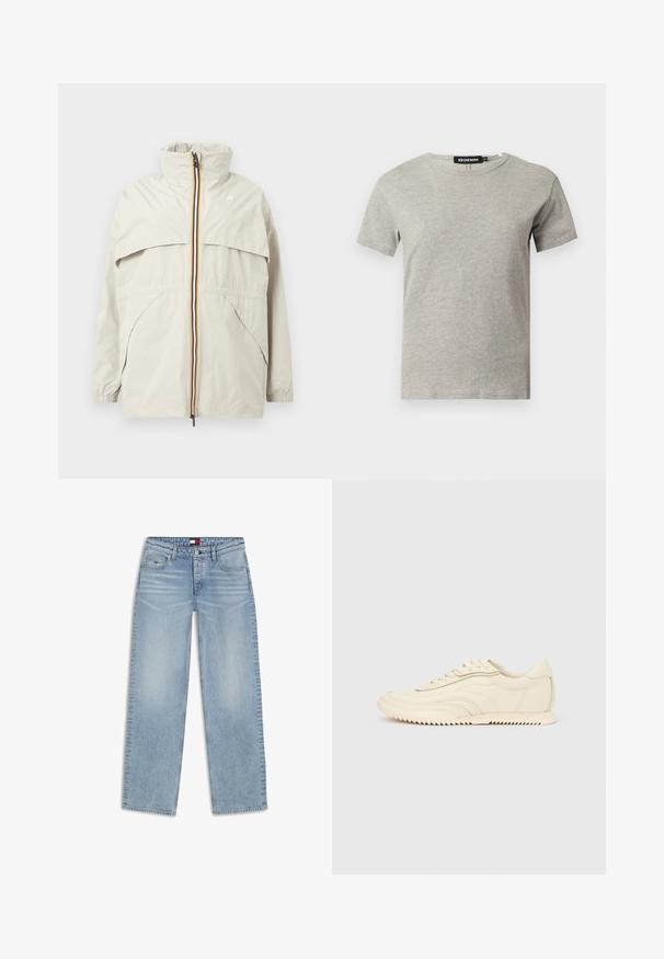 Veste coupe-vent beige clair avec col haut, fermeture éclair rayée noire, jaune et blanche, poches avant inclinées, et poignets élastiques.; T-shirt en coton gris clair à manches courtes et col rond avec une étiquette noire visible à l'intérieur du col indiquant "DENIM" et la taille "S."; Jean en denim bleu clair à coupe droite avec fermeture par bouton et zip, poches avant et légère décoloration au niveau des cuisses.; Baskets basses de couleur crème avec des coutures ondulées, une fermeture à lacets et une semelle crantée, vues de côté sur un fond uni.