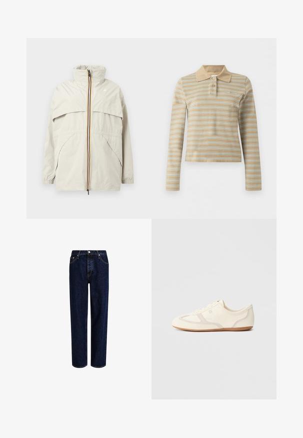 Veste coupe-vent beige clair avec col haut, fermeture éclair rayée noire, jaune et blanche, poches avant inclinées, et poignets élastiques.; Polo beige à manches longues avec des rayures blanches horizontales et deux boutons sur le col.; Jeans en denim bleu foncé avec une coupe droite, dotés d'une taille haute, d'un style à cinq poches et de coutures contrastantes. Sans embellissements.; Baskets couleur crème avec une tige en daim et tissu, un bout arrondi, et une semelle en caoutchouc avec un détail accent beige. Fermeture à lacets.