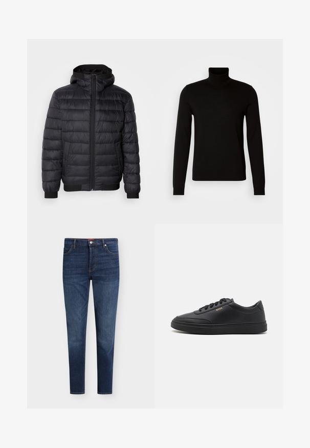 Schwarze Daunenjacke mit Kapuze, ausgestattet mit gestepptem Futter, einem Reißverschluss vorn und elastischen Bündchen und Saum. Glattes, wasserabweisendes Material.; Schwarzer Rollkragenpullover aus feiner Strickware, mit langen Ärmeln und taillierter Silhouette. Glatte Textur mit gerippten Bündchen.; Dunkelblaue Slim-Fit-Jeans mit Fronttaschen, Gürtelschlaufen, Knopfverschluss und dezentem Verblassen an Oberschenkeln und Knien.; Schwarze Leder-Sneaker mit glatter Textur, runder Zehenpartie, flacher Gummisohle und einfarbigen Schnürsenkeln. Mit goldfarbenem "BOSS" Logo an der Seite.