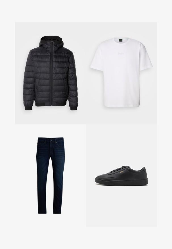 Schwarze Daunenjacke mit Kapuze, ausgestattet mit gestepptem Futter, einem Reißverschluss vorn und elastischen Bündchen und Saum. Glattes, wasserabweisendes Material.; Weißes Baumwoll-T-Shirt mit kurzen Ärmeln, rundem Ausschnitt und geprägtem "BOSS"-Logo auf der Brust. Glatte Textur, normale Passform.; Dunkelblaue Slim-Fit-Jeans mit Vorderknopf- und Reißverschluss, Fünf-Taschen-Design und leichtem Used-Look an den Oberschenkeln.; Schwarze Leder-Sneaker mit glatter Textur, runder Zehenpartie, flacher Gummisohle und einfarbigen Schnürsenkeln. Mit goldfarbenem "BOSS" Logo an der Seite.