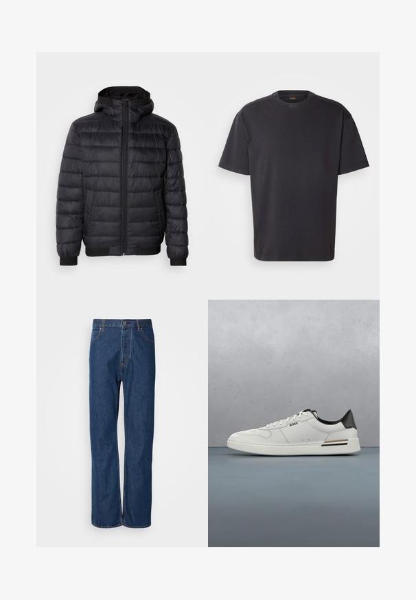 Schwarze Daunenjacke mit Kapuze, ausgestattet mit gestepptem Futter, einem Reißverschluss vorn und elastischen Bündchen und Saum. Glattes, wasserabweisendes Material.; Schwarzes T-Shirt mit kurzen Ärmeln aus Baumwolle, mit rundem Halsausschnitt und dezentem Branding am Kragen. Weiche Textur mit lässiger Passform.; Blaue Jeans aus Denim mit geradem Bein, ausgestattet mit einem Knopfverschluss, fünf Taschen und kontrastierenden Nähten entlang der Säume.; Weißer Sneaker mit niedrigem Schnitt und schwarzer Ferse, Schnürverschluss, dezenten Perforationen und "BOSS"-Logo an der Seite, gezeigt von der äußeren Seitenansicht.