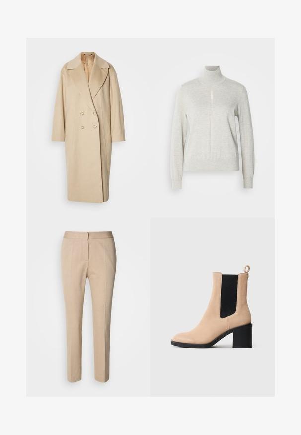 Manteau beige en laine croisé avec larges revers, manches longues et deux grands boutons. Texture lisse avec une coupe oversize.; Pull léger gris avec un col haut et une fermeture éclair quart. Fabriqué à partir d'un matériau doux et texturé, il présente des manches longues et un ourlet ajusté.; Pantalons beige ajustés en tissu texturé, coupe slim, taille mi-haute et design à jambes droites. Fermeture à bouton et zip à l'avant.; Bottine en suede beige avec un talon bloqué, présentant un gousset élastique noir et une languette à l'arrière. Texture lisse et design à bout rond.