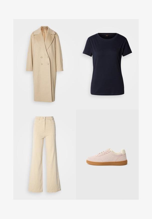 Manteau beige en laine croisé avec larges revers, manches longues et deux grands boutons. Texture lisse avec une coupe oversize.; T-shirt à manches courtes bleu marine en coton, avec un col rond et un petit logo brodé sur la poitrine. Texture lisse.; Jeans beige à jambes larges avec taille haute, poches avant, et couture contrastée, dotés d'une fermeture à bouton et d'une texture en coton lisse.; Baskets rose clair avec une surface texturée, des accents blancs et une semelle en caoutchouc marron. Présentent un profil bas et un design à bout rond.