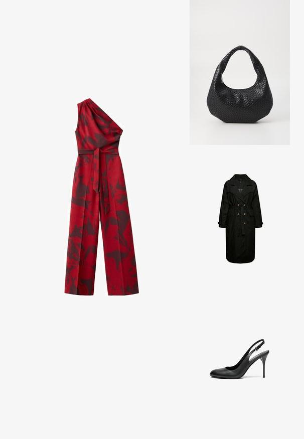 Sort denim trenchcoat med bælte i taljen, store klapper og forlommer. Har knapdetaljer og lange ærmer.; Rød one-shoulder jumpsuit med brede ben og bælte i matchende stof, med et mørkt, abstrakt blomsterprint.; Sort læder slingback pumper med spids tå, tynd stiletto hæl og justerbar rem. Glat tekstur og minimalistisk design.; Sort flettet håndtaske med et buet håndtag, der har en struktureret overflade og en afslappet form. Glat finish med en organisk silhuet.