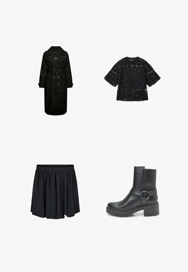 Sort denim trenchcoat med bælte i taljen, store klapper og forlommer. Har knapdetaljer og lange ærmer.; Sort kortærmet blonder top med blomsterudskæringsmønstre og bølget kant, med rund halsudskæring.; Sort nederdel lavet af blødt stof, med en rynket talje og en udvidet form, som har en glat tekstur uden synlige mønstre eller accenter.; Sort ankelstøvle lavet af glat læder, med en rund tå, chunky sål og en dekorativ rem med en sølvring som accent.