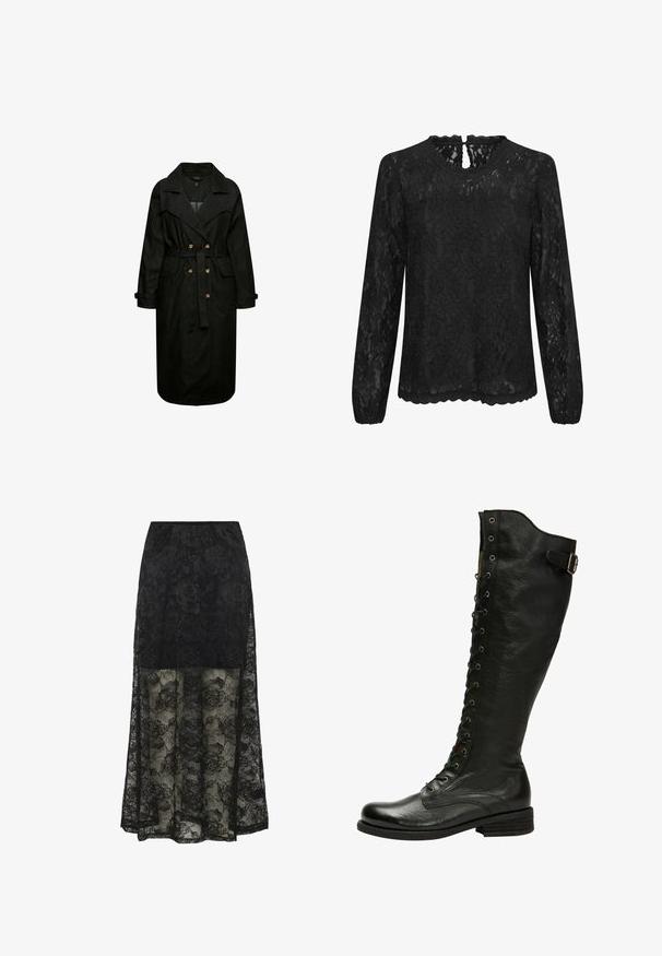 Sort denim trenchcoat med bælte i taljen, store klapper og forlommer. Har knapdetaljer og lange ærmer.; Sort blonde med lange ærmer og rund halsudskæring, bølget kant og nøglehul detalje bagpå. Delikat blomstermønster over hele blusen.; Sort blonde maxi nederdel med blomstermønster og gennemsigtig nederste halvdel. Elastisk talje og fast øverste sektion giver en kontrast i både tekstur og design.; Sorte læder knæhøje støvler med snørebånd foran, sølvøjer og sidebælte. Har en tekstureret overflade og stablet hæl.