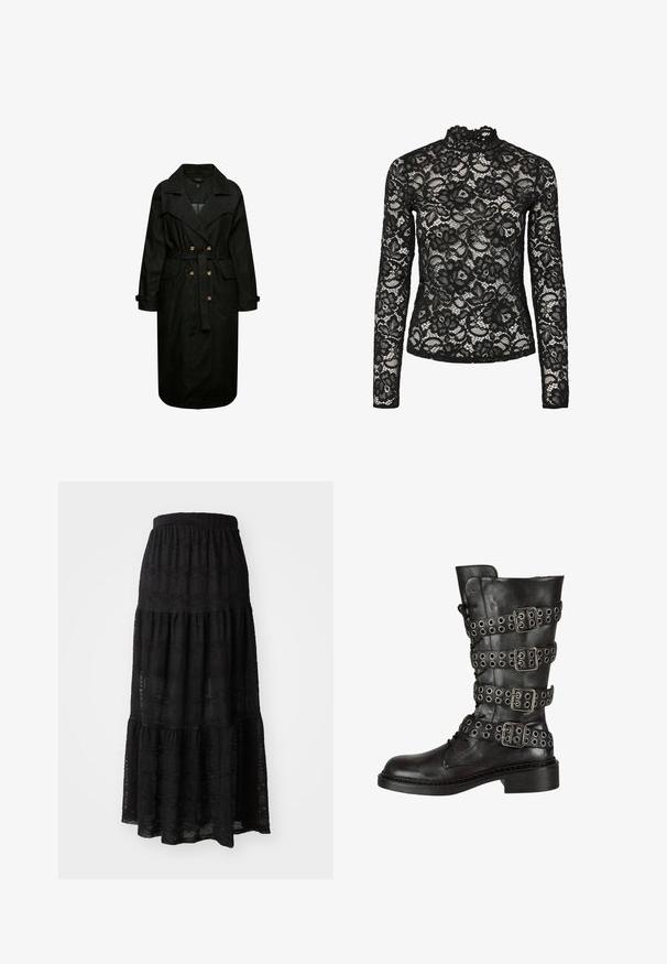 Sort denim trenchcoat med bælte i taljen, store klapper og forlommer. Har knapdetaljer og lange ærmer.; Sort blonde top med lange ærmer, der har en høj hals med flæsedetaljer, blomsterprint og en gennemsigtig tekstur. Designet til en tætsiddende silhuet.; Sort maxiskørt lavet af tekstureret stof, med et lagdelt design, sammensnørende talje og subtile bølkemønstre gennem hele.; Sorte læder knæhøje støvler med flere sølv spænder og hægter, med en afrundet tå og en lav blokhæl. Struktureret finish.